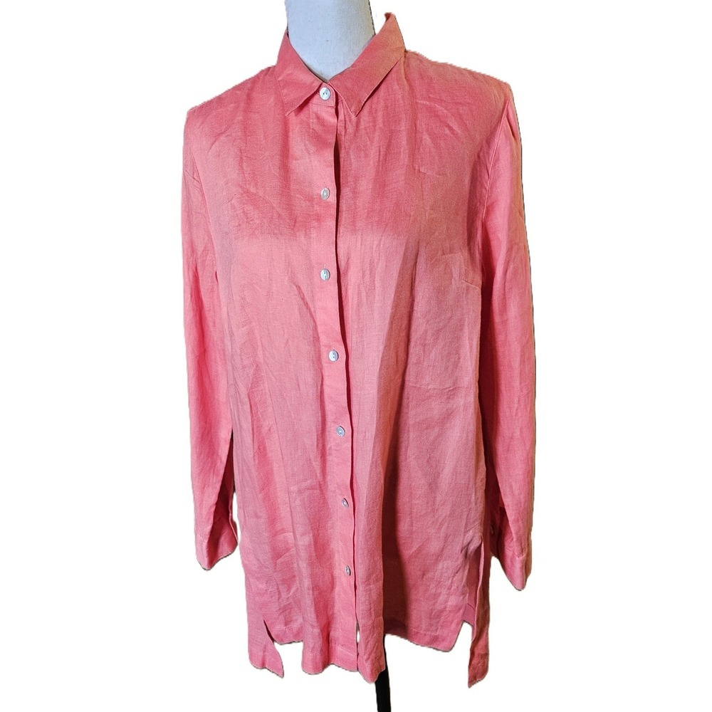 J.Jill Love Linen Womens SZ M Coral Long Sleeve Button Up Shirt Casual Boho